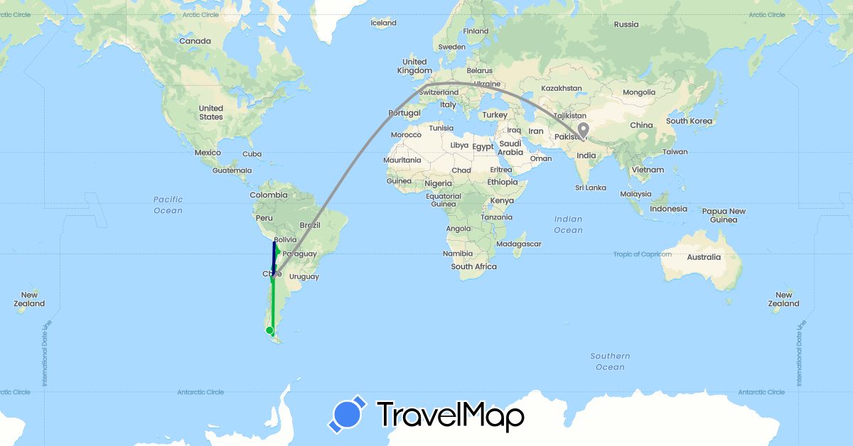 TravelMap itinerary: driving, bus, plane in Chile, France, India (Asia, Europe, South America)